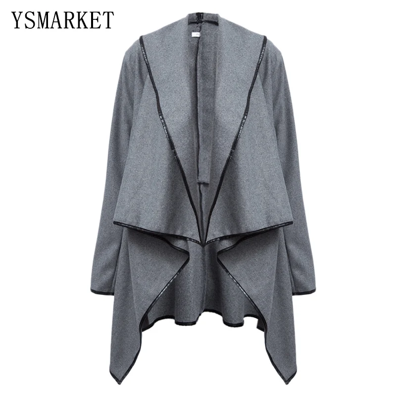 Женское шерстяное пальто необычное длинное приталенное с воротником шарфом и