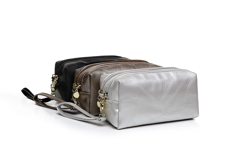 

PU leather Casual Lady Makeup Bags Double Zipper Cosmetic Bags Three Colors toiletry organizer for women pouch