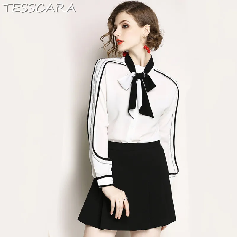 Женская шифоновая блузка TESSCARA элегантная белая офисная с бантом вечерние