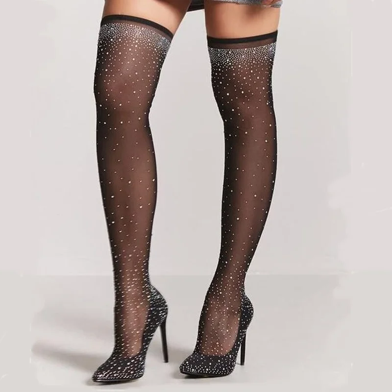 

Women Summer Shoes 2018 Sexy Black Lace Bling Crystal Studded Long Boots Sexy Pointed Toe Ladies Over The Knee Boots