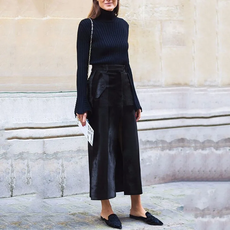 TWOTWINSTYLE Suede Skirt Female Split High Waist Patchwork Pocket A Line Midi Long Skirts 2019 Spring Fashion Large Size Clothes | Женская