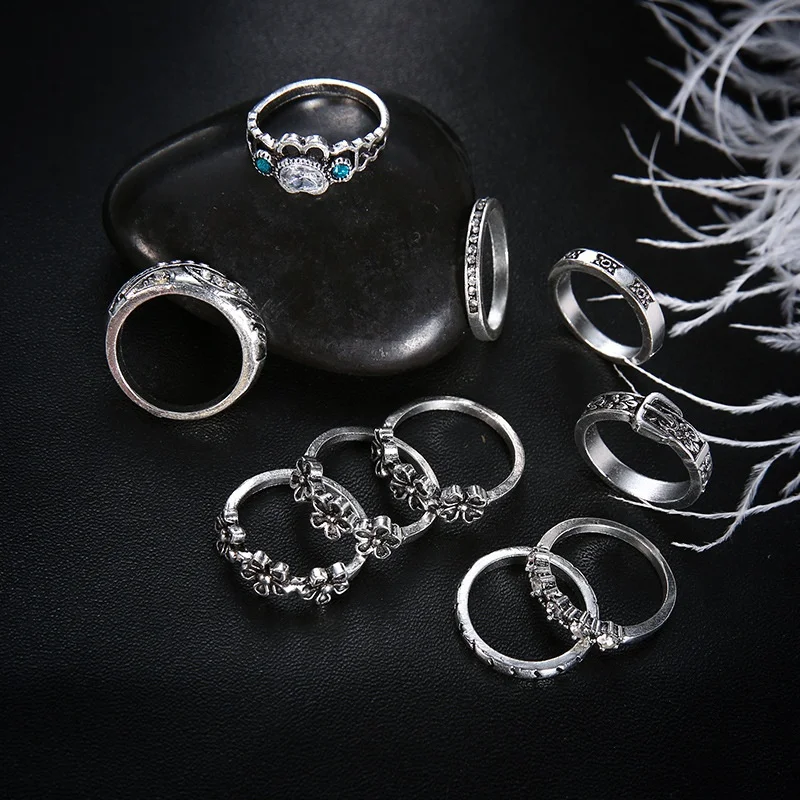 10 pieces / set of bohemian beach retro flower pattern lotus wave gems geometric crystal ring ladies charm accessories | Украшения и