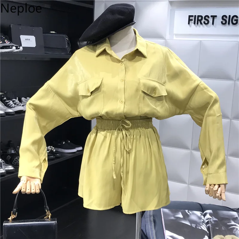 Neploe Весна 2019 Wome 2 шт. наряды повседневные карманные Turn-Down воротник блузка + Drawstring