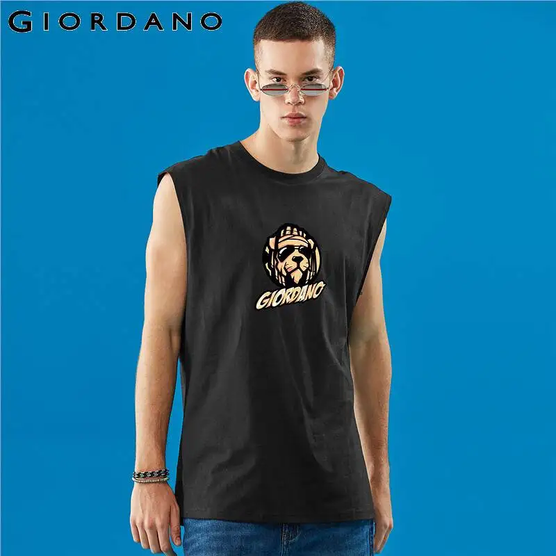 Giordano мужская майка с принтом без рукавов Мужская одежда ребристый Crewneck хлопок