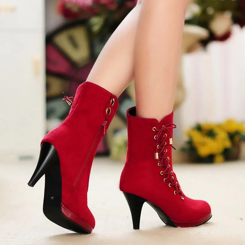 FITWEE/женские полусапожки на высоком каблуке зимние теплые сапоги до середины икры пикантная Свадебная