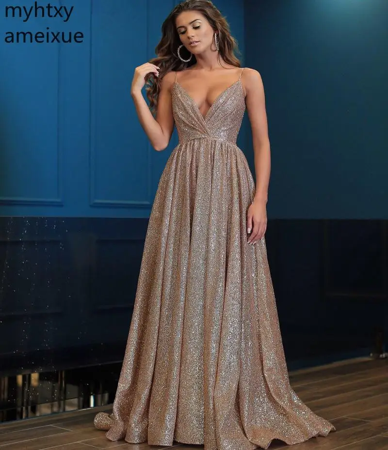 

2021 New Arrival Myhtxyameixue Formal Evening V-neck Sweep Train A-line Sleeveless Floor-length Sequin Natural Spaghetti Strap S