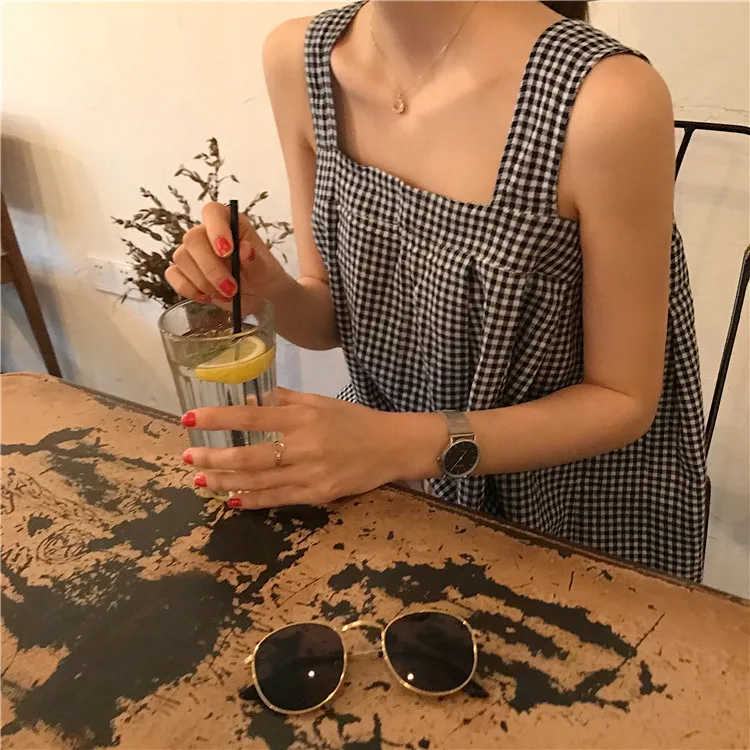 Lychee/Сексуальная клетчатая майка на завязке с открытой спиной для девочек летняя