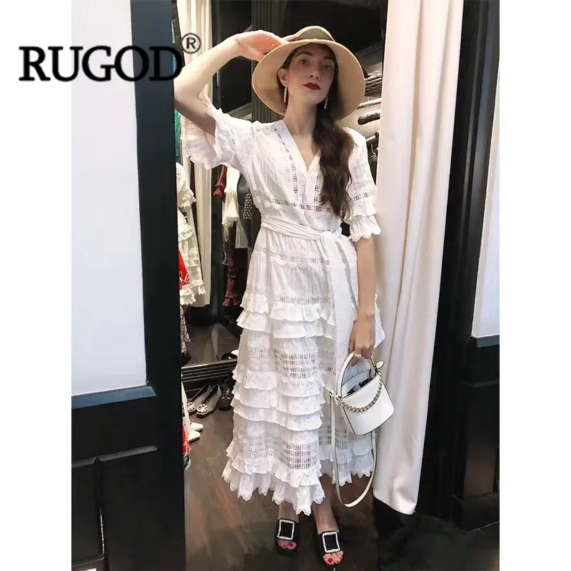 RUGOD, новинка, белое кружевное платье, женское, элегантное, сексуальное, с вырезом, с поясом, Платья для вечеринок, повседневное, с оборками, длинное, макси платье, vestidos mujer