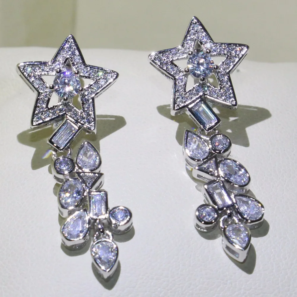 

Unique Luxury Jewelry 925 Sterling Silver Clip Earrings Star 5A White Cliear Cubic Zirconia Long Hyperbole Women Earrings Gift