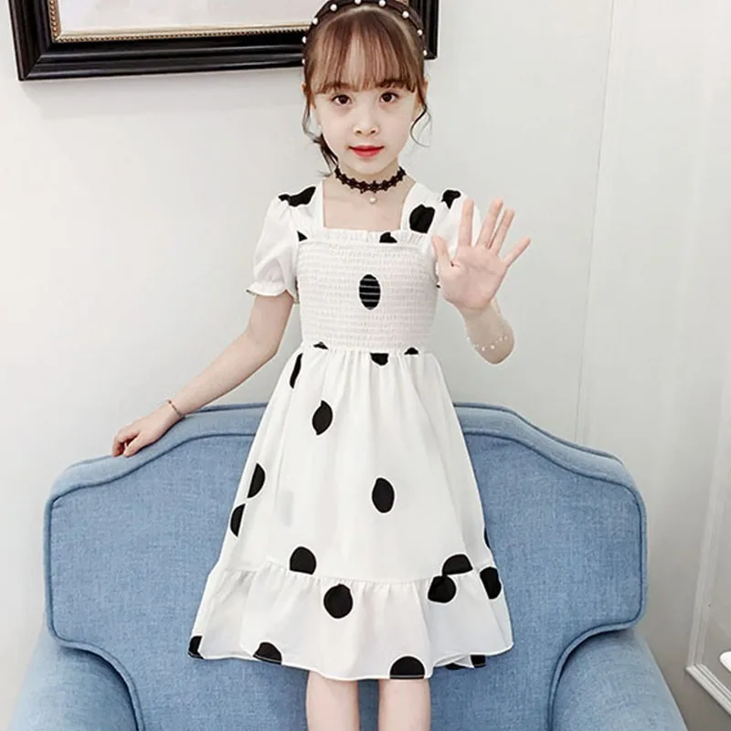 Платья принцессы в белый горошек платье с пышными рукавами для девочек детская
