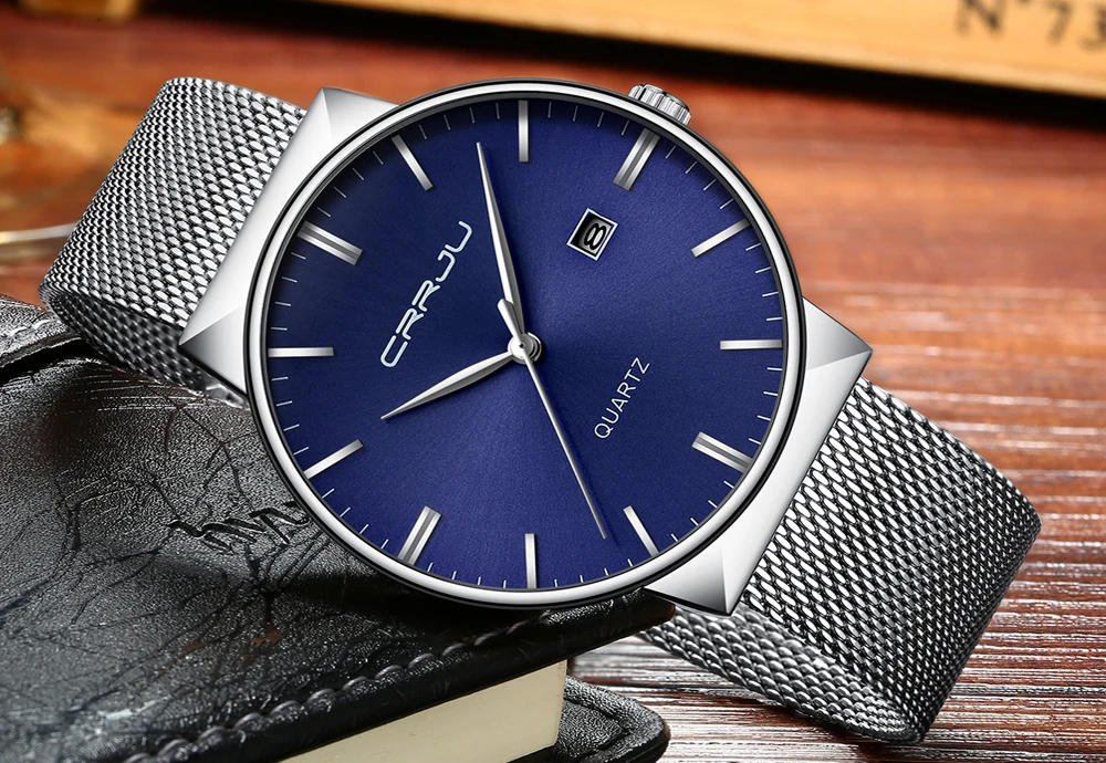 

CRRJU Simple Style Quartz Mens Watches Fashion Business Stainless Steel Mesh Wristwatch For Men Date Male Watch Reloj Hombre