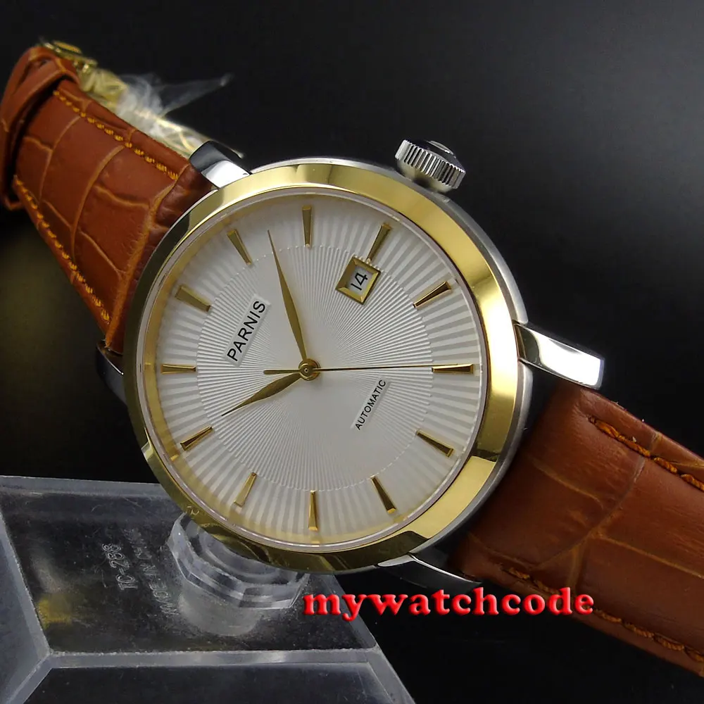 

41mm Parnis white dial golden bezel Sapphire Glass Automatic mens Watch 589B