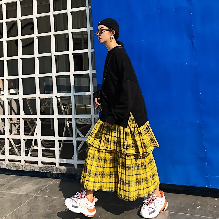 Jasmine Harajuku/свободное платье с круглым воротником сшитое в клетку и присборенной