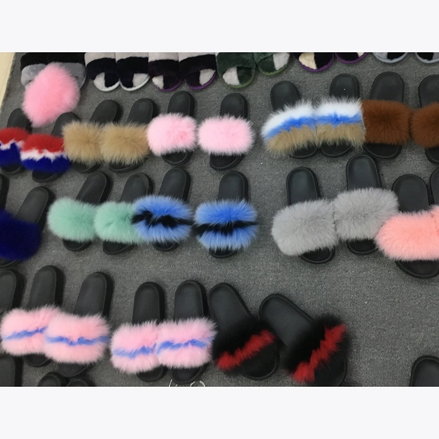 Real fox Fur Slippers Women Home Fluffy Sliders Comfort Furry Summer Flats Sweet Ladies Shoes Female Indoor Flip Flops|Женские