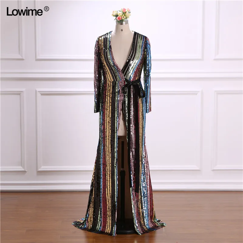 

Bling Bling Colorful Sequined Evening Prom Dress 2018 Deep V Neck vestido de festa longo Long Sleeves Gown
