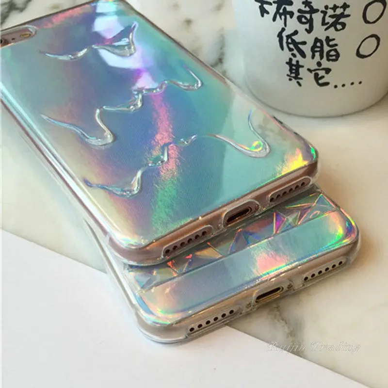 Holographic Card Paper Geometric Phone Case For iPhone 7 Plus 6 6S 5 5S Rainbow 3D Diamond TPU Cover Fashion Pastel |