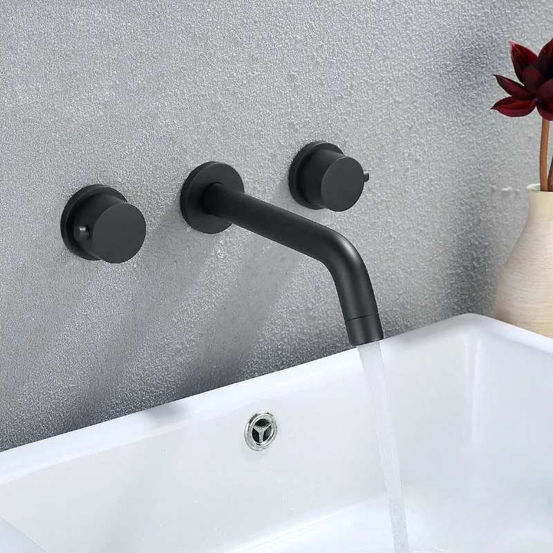 Современный матовый черный латунный Смеситель для раковины с двойной ручкой