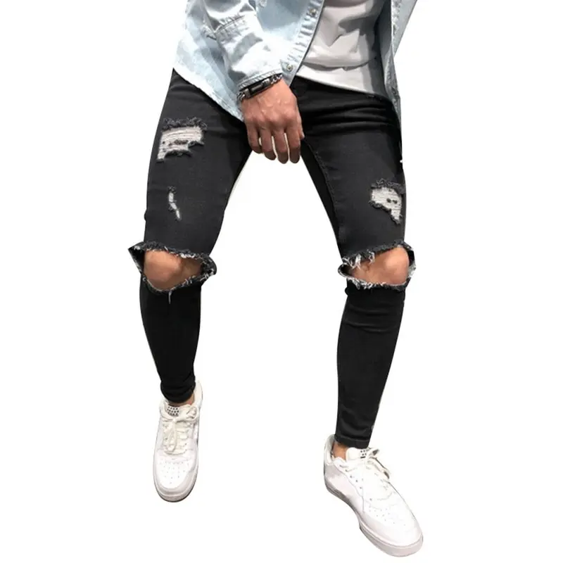 

Vogue Nice Men Casual Skinny Jeans Pants High Waist Solid Denim Pencil Jeans Distressed Ripped Jeans Knee Holes For Youth Men