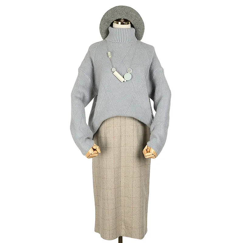 New Style Turtleneck Pullover Sweater Women 2019 Winter Loose Solid Color Long Sleeve Striped Diamond pattern sweater | Женская одежда