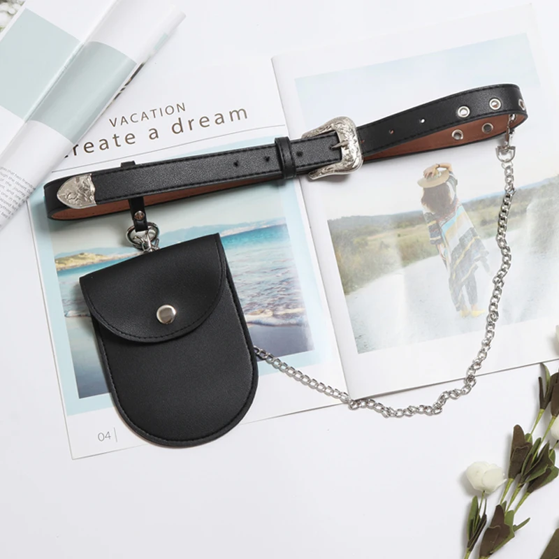 

2019 new fashion Mini metal Chains Waist belts Packs cool Casual punk female PU Womens Messenger pu Leather Belt Bags accessorie