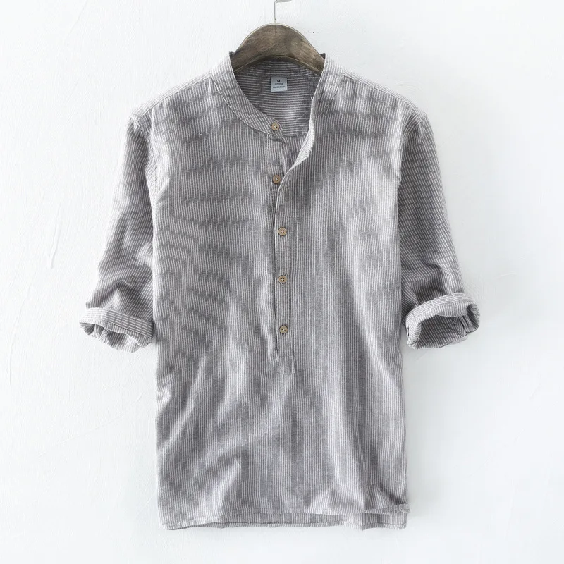 2018 Men's stripe Three Quarter Linen Shirt Mandarin collar summer shirt men linen cotton casual male breathable | Мужская одежда