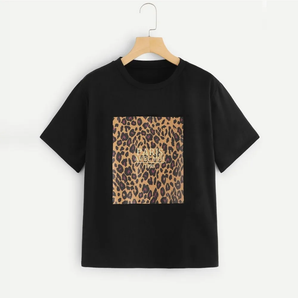 Женская леопардовая футболка с круглым вырезом повседневные топы короткими