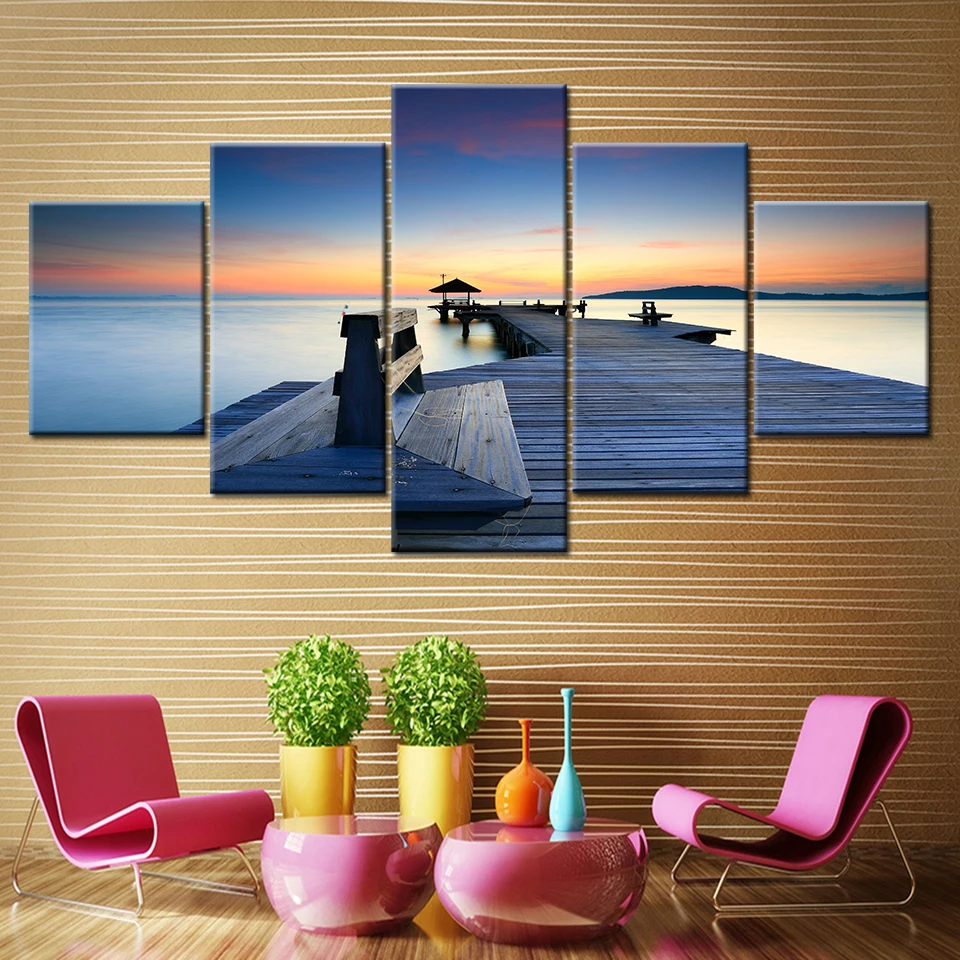 Картина на холсте деревянный мост рассвет морской пейзаж 5 шт. настенная живопись