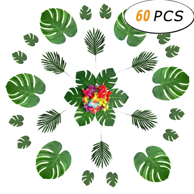 

60 pcs Per Set Hawaiian Turtle Leaf Hibiscus with Rod Leaf and Flowers Diy Tropical Beach Outdoor Indoor for Wedding Table decor