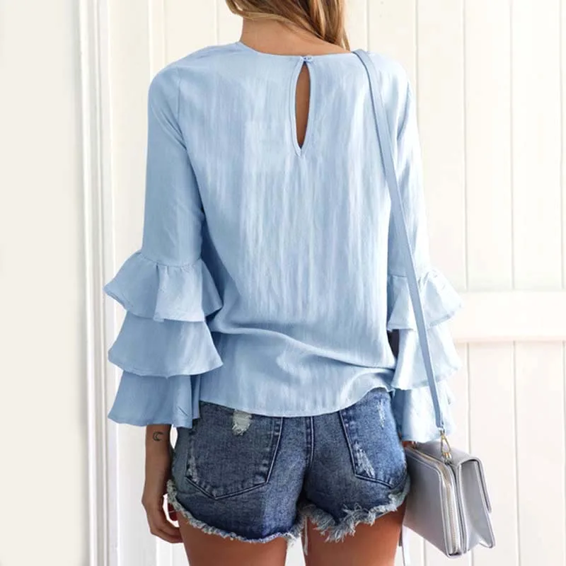 Женская блузка с оборками и круглым вырезом повседневный однотонный Свободный