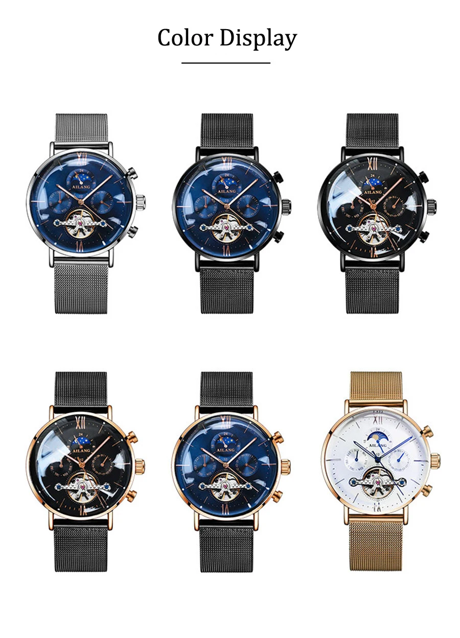 

Business Men Watch Rose gold blue Top Brand 6 Hand Multifunction Mechanical Watches Black stainless steel strap Waterproof Clock