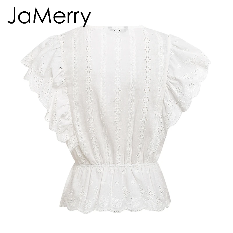 JaMerry Causal white embroidery lace hollow out blouse shirt women Ruffles woman blouse top Female elastic waist cotton tops