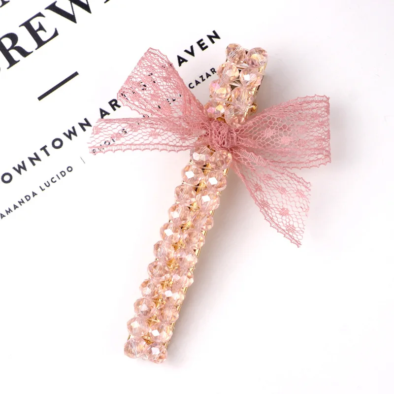 long pink Ruoshui женские прозрачные хрустальные шпильки для волос элегантные кружевные банты заколки для волос для девочек модные корейские заколки аксессуары для волос - Цвет: long pink