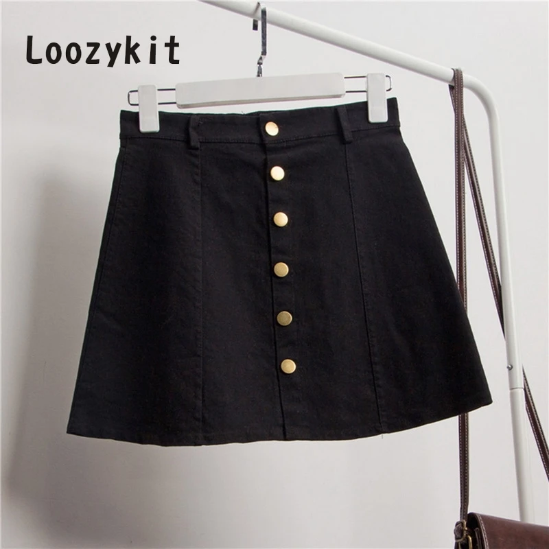 LOOZYKIT, летняя женская джинсовая юбка, пуговица, высокая талия, джинсовые винтажные юбки, Женская Повседневная тонкая Корейская юбка для девочек