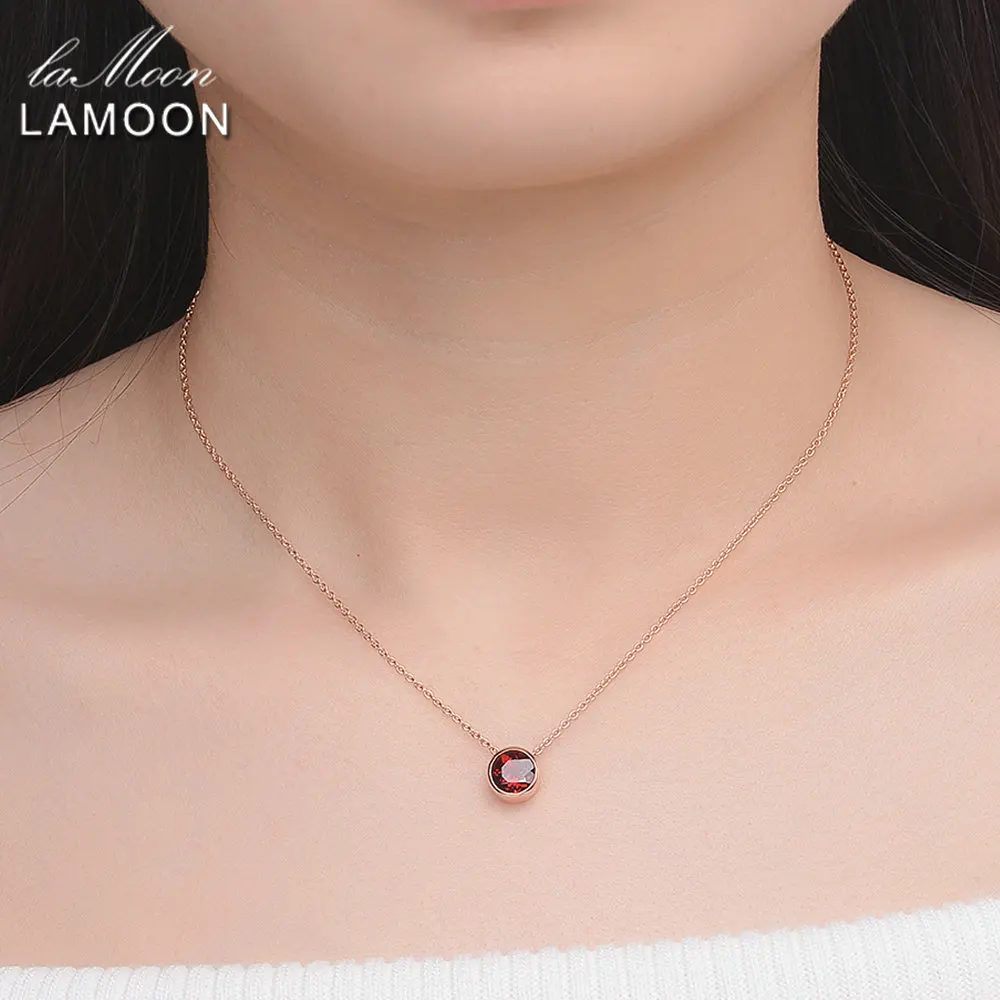 LAMOON Long Pendant Necklace 925 Sterling Silver Jewelry 7mm 1.5ct Natural Gemstone Red Rubin Garnet Pendants Simple Necklaces | Украшения