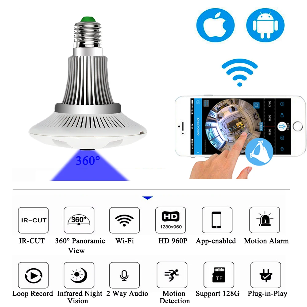 Маленькая WIFI камера лампочки Fisheye панорамный HD 960 P Cam безопасности системы