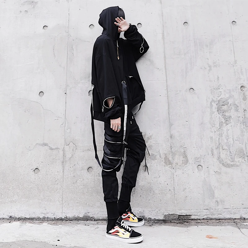 

M-XL!!Autumn national tide dark black ribbon zipper decoration men's hooded Harajuku style loose jacket.