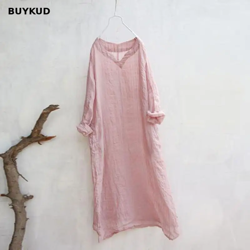 BUYKUD хлопковое льняное женское платье Лето Осень свободное Повседневное