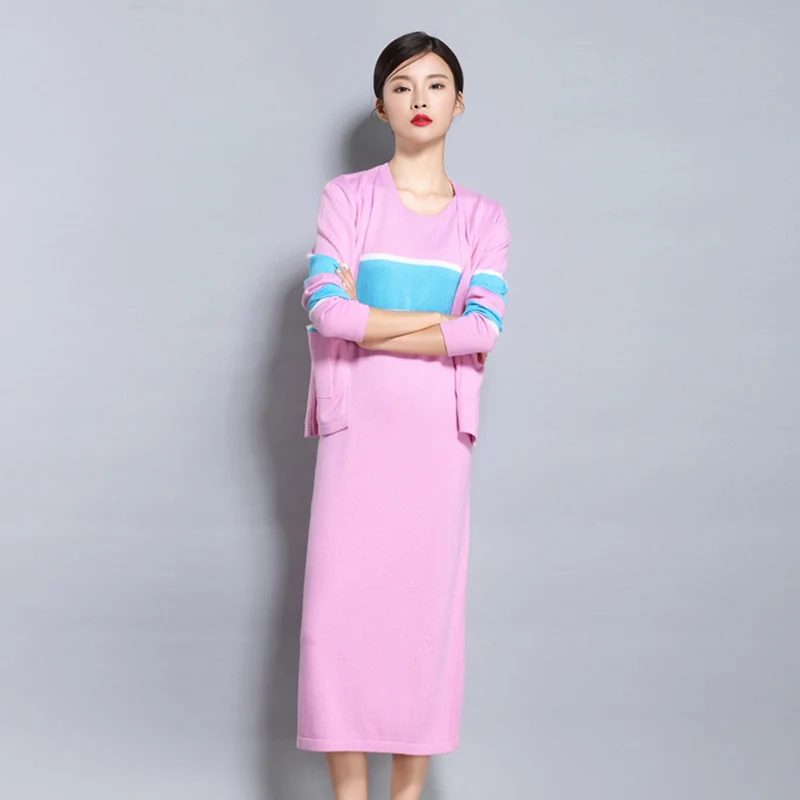 Xiangyu Pink Sparsil женский осенний комплект из двух предметов Трикотажное Шерстяное Платье кардиган+ платье на бретелях платье до середины икры в полоску с карманами прямое платье Vestido - Цвет: Xiangyu Pink