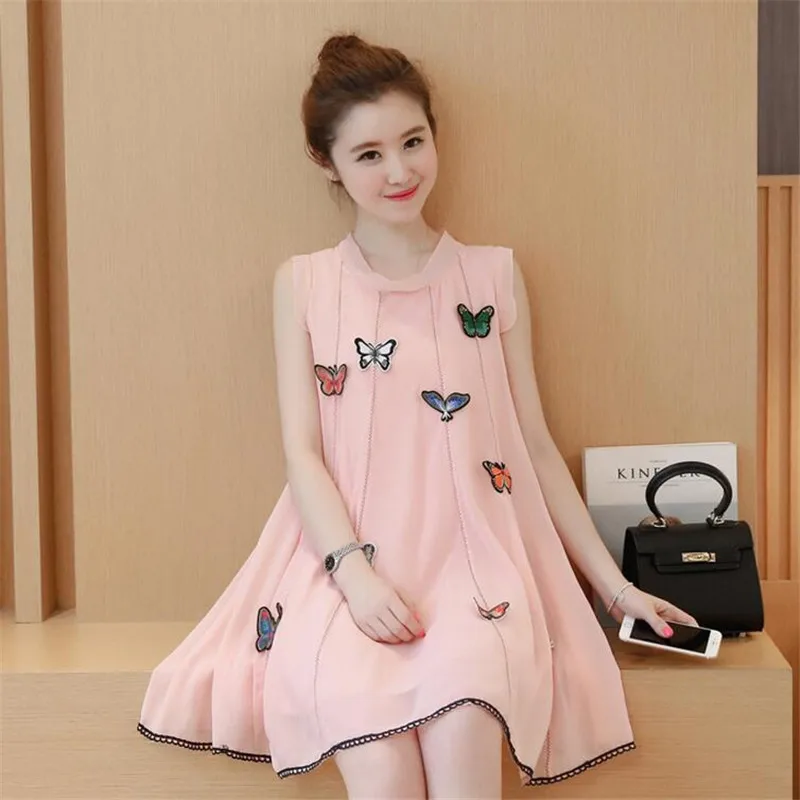 MLXSLKY Maternity Dress 2019 summer new fashion large size loose chiffon sleeveless sweet cartoon butterfly pregnant women dress | Мать и
