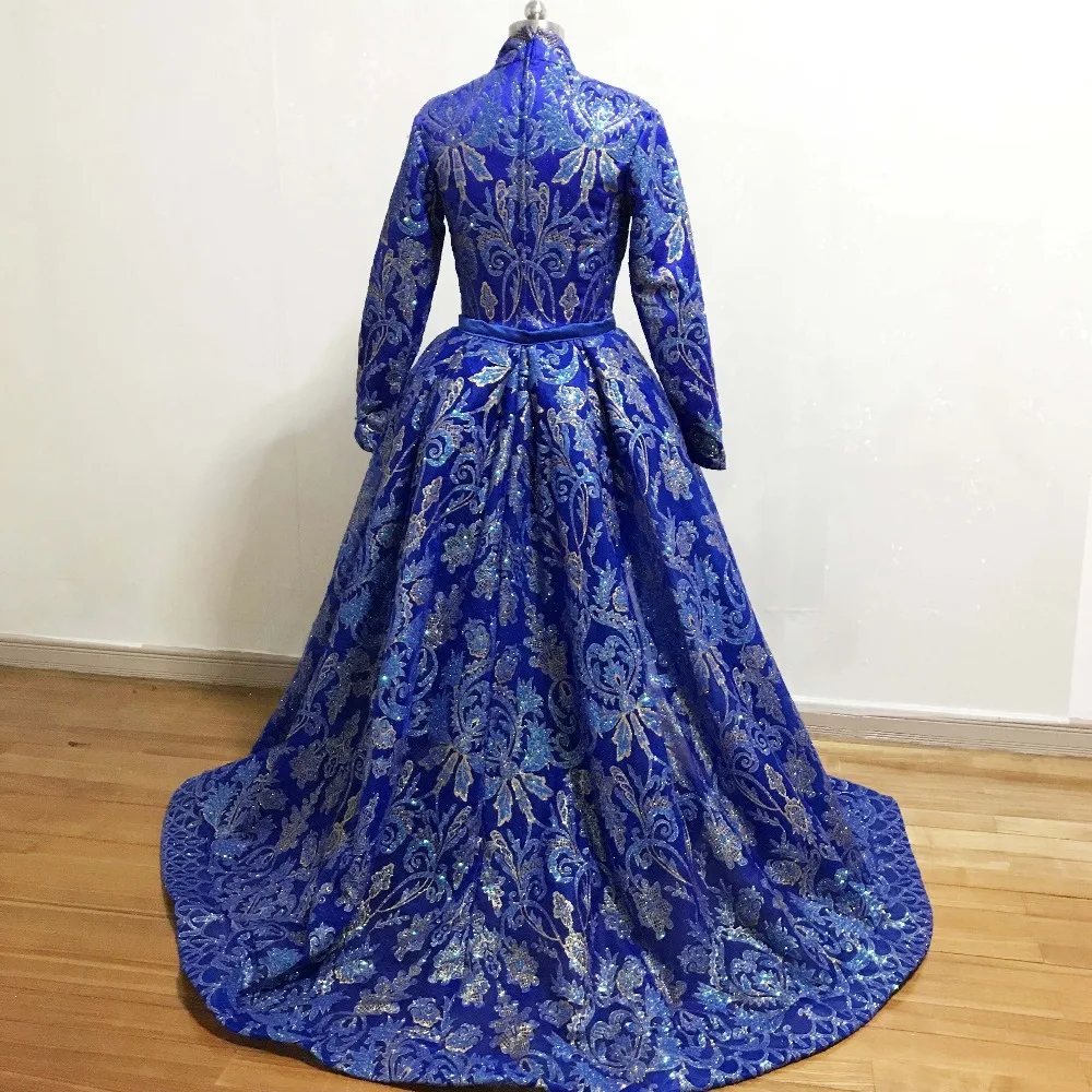 YSF Designer Vestidos De Formature Royal Blue High Collar Bling Bling Mermaid Prom Dresses with Overskirt 2019