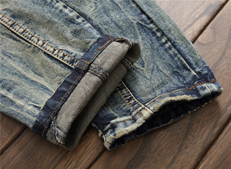 New Design Men Retro Jeans Locomotive Fashion Straight Pants Masculina Skinny Denim Men's Slim Rock Biker Patchwork | Мужская одежда