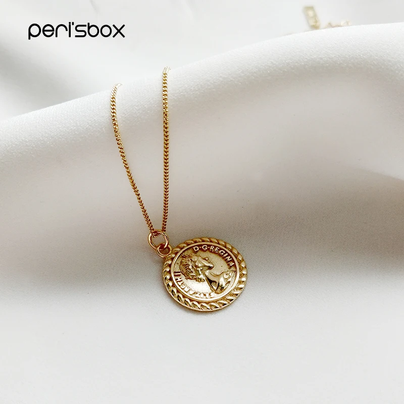 Peri'sBox 925 пробы серебряные ожерелья Elizabeth queen Чокеры Золотой Цвет Круглый Монета диск чокер кулон ожерелья заявление