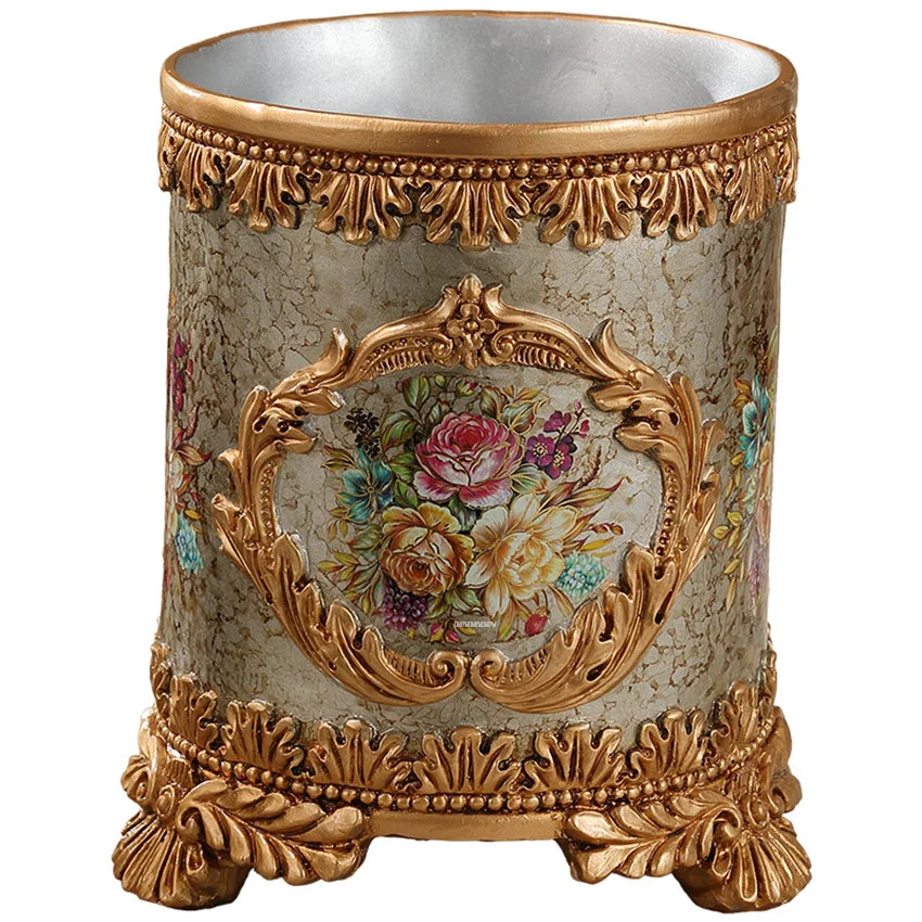 

22*26cm Europe Luxury Home Office Barrel Paper Flower Organize Storage Bucket Desktop Trash Can Rubbish Bin Ornament