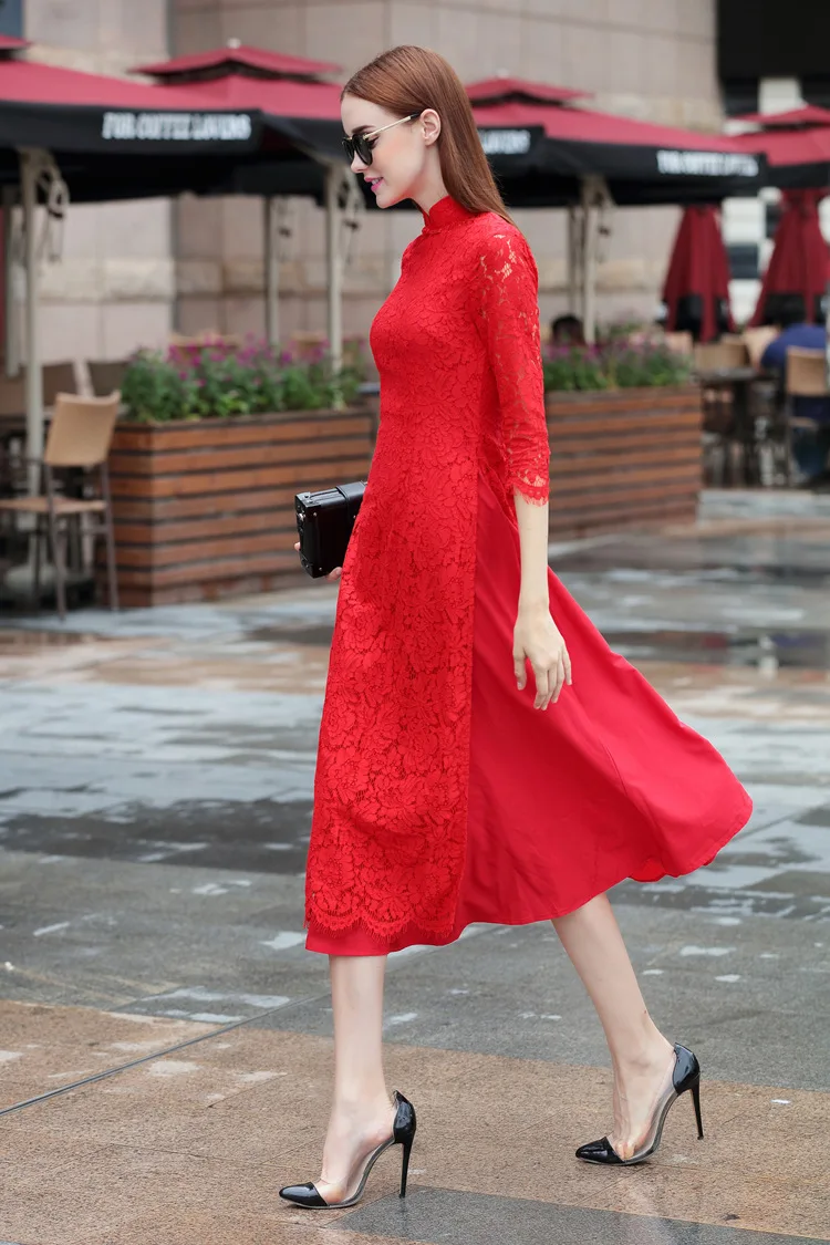 

Wedding red lace cheongsam Vietnam aodai Chinese qipao dress