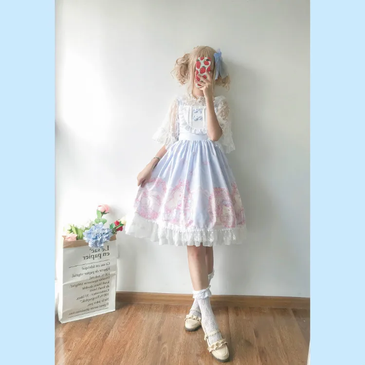 Kawaii японская Лолита АО платье женская летняя обувь мягкой сестра ветер милые с рисунком кошки с бантом в стиле «лолита» с ремешком и милым милое платье