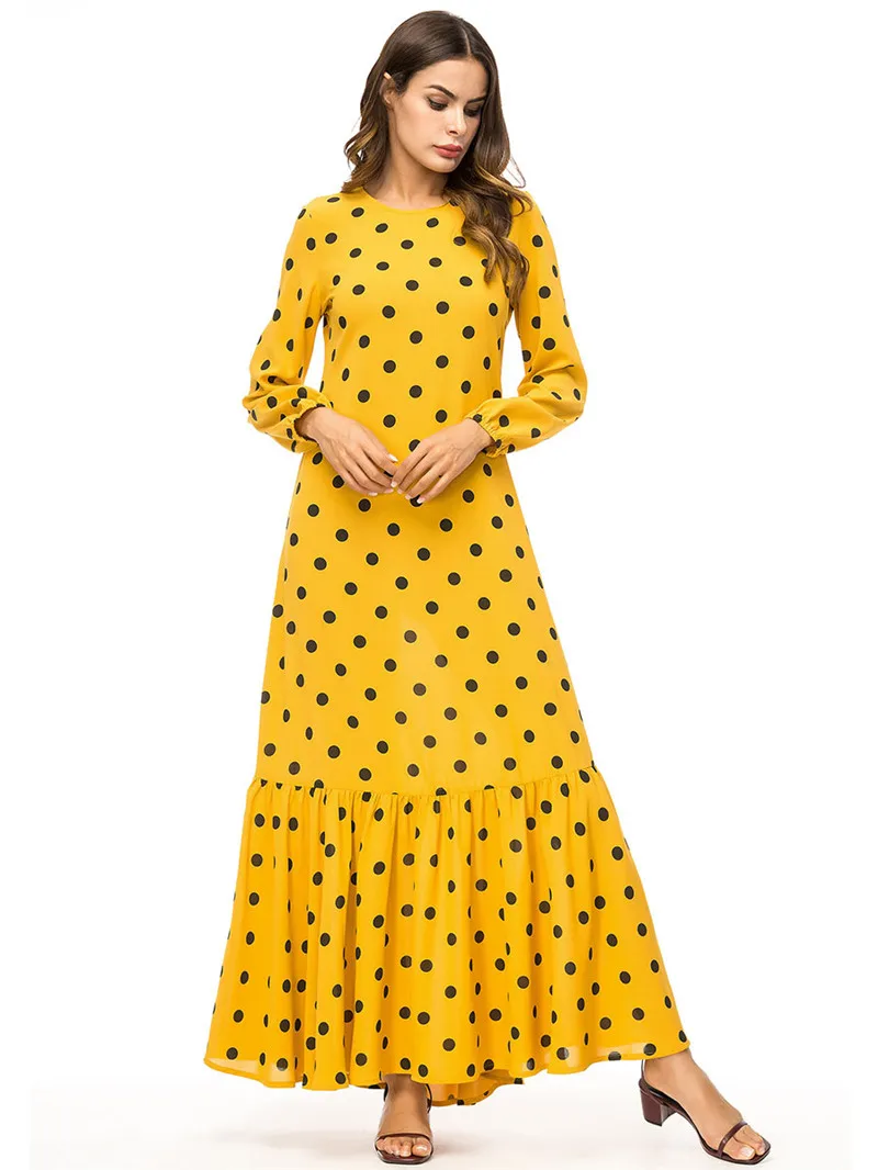 Abaya мусульманское платье макси Dot желтый одеяние мусульмане Longue ислам Дубаи мусульманский скромное платье