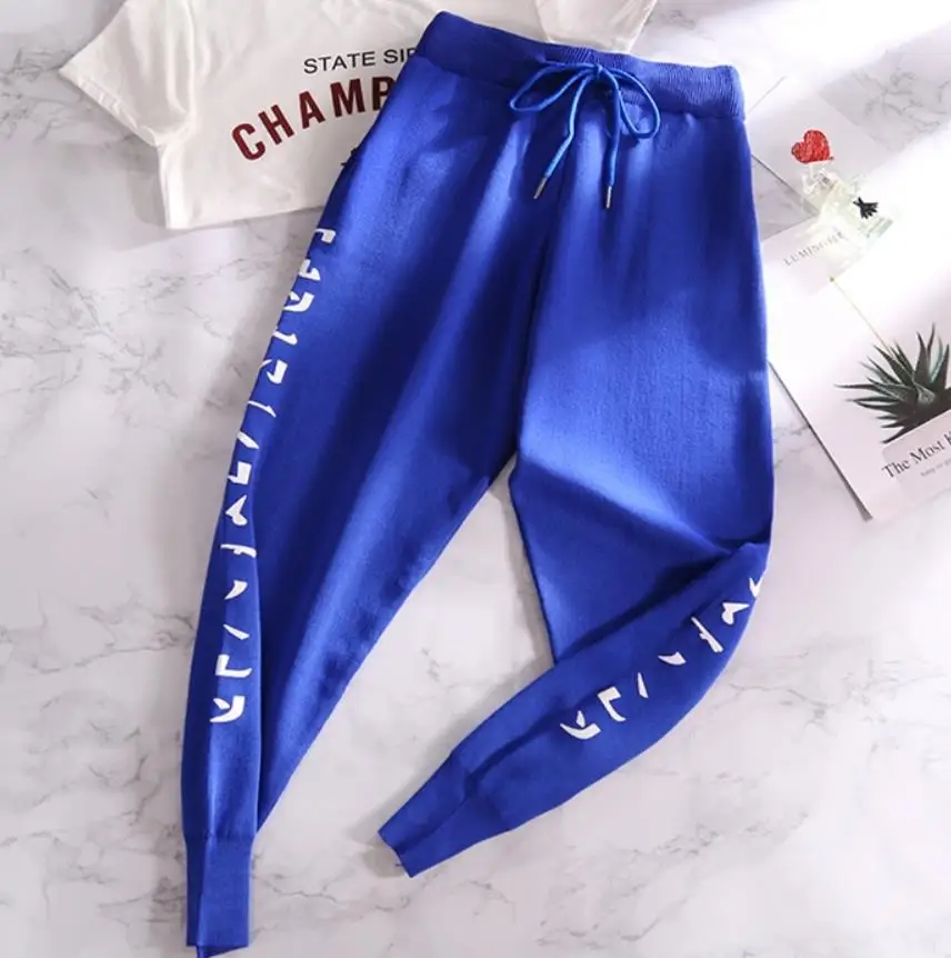 blue Спортивные брюки трикотажные повседневные брюки свободные эластичные талии шаровары дикие лодыжки длина брюки - Цвет: blue