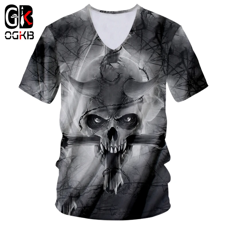 

OGKB Summer Tops V Neck Tee Shirts Men's Cool Print Cross Skull 3d T-shirt Casual Tshirt Homme Fit Slim Quick Dry Undershirt