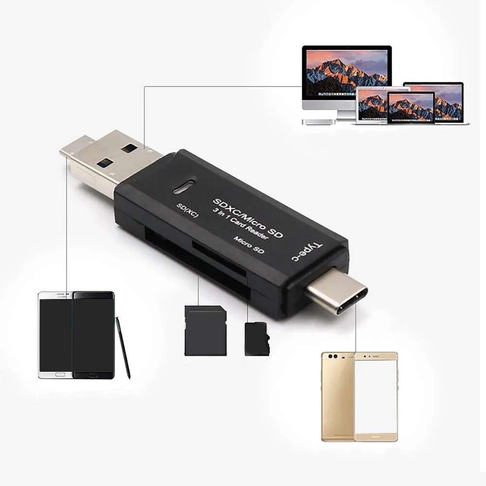 Адаптер для чтения карт памяти 3 в 1 USB Type C Micro SD OTG Разъем Macbook HUWEI Samsung телефонов