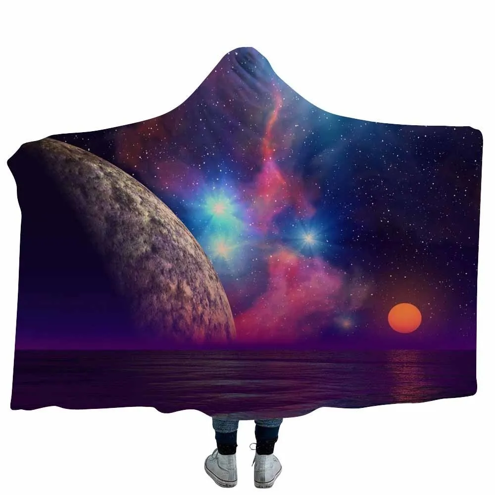 Теплое мягкое одеяло с капюшоном и принтом Вселенная Земля Коралловое Флисовое